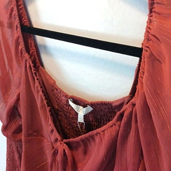 WAYF cinnamon chiffon ruched long puff sleeve top coquette girl sz L - Picture 3 of 11